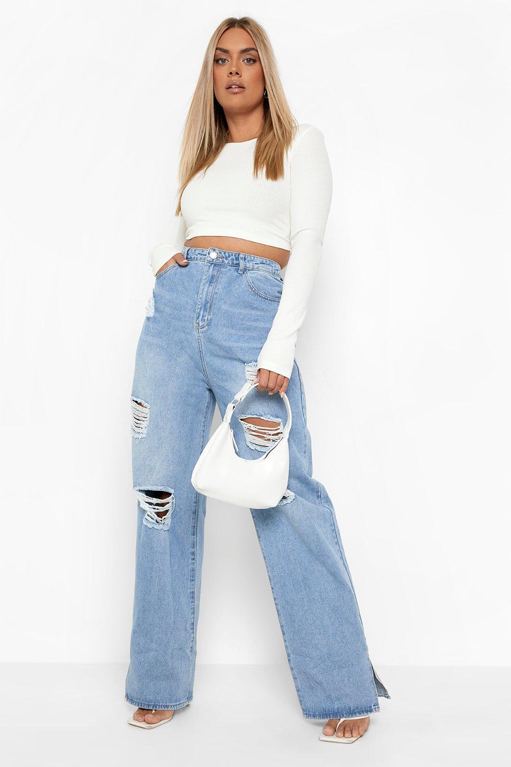 Plus High Waisted Distressed Split Hem Wide Leg Jeans boohoo UK